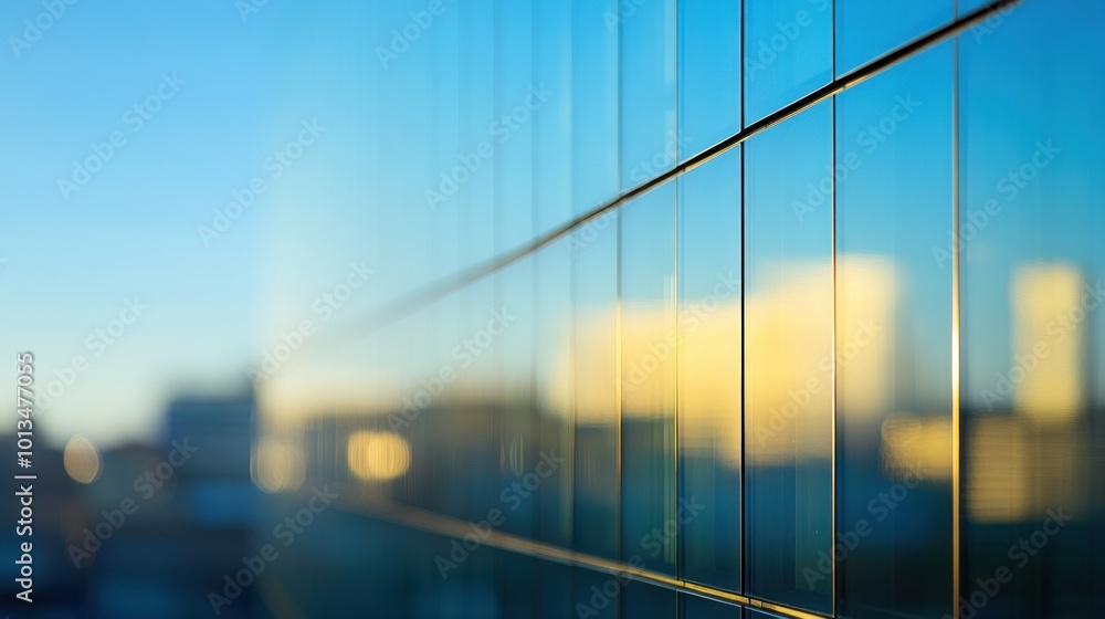 Poster a close-up view of a glass building reflecting the sky and surrounding structures at sunset.