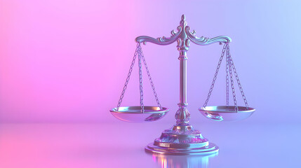 3D Glossy Holographic Balance Scales with Human Rights Badge on White Background | Justice and Equality Concept with Copy Space Below