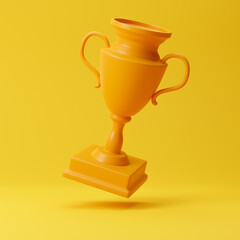 Yellow trophy cup isolated over yellow background. 3D rendering.