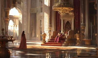 A man sits on a throne in a grand palace.