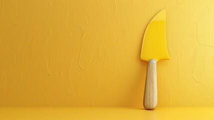 Minimalist yellow painted wall with a simple wooden painting trowel tool creating a clean modern and backdrop for various home and construction concepts