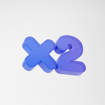Transparent purple 2x symbol isolated over white background. 3D rendering.
