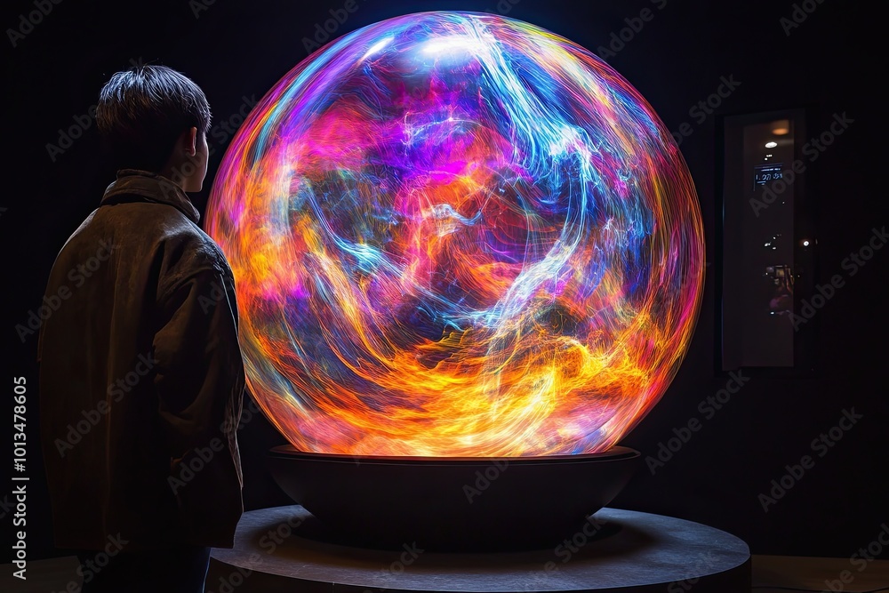 Poster a person interacts with a vibrant sphere visualizing sound in a colorful, immersive environment