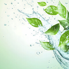 Green background with water splash and green leaf decoration, eco-friendly style design, light color theme, high-resolution design, suitable for environmental protection campaign poster design 