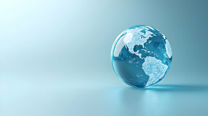 Fototapeta premium 3D Glossy Blue Background with Glowing Globe: Global Unity Concept for Human Rights Day - Reflective Shine & Copy Space