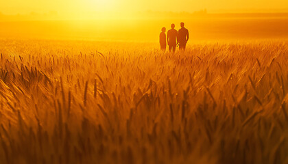 Photograph individuals standing in vast wheat fields during sunset, using the golden light and tall wheat stalks to create a warm, immersive atmosphere