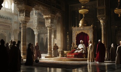 Ornate palace interior with a king on throne.