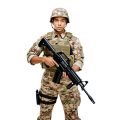 Fototapeta premium Serious Young Male Soldier in Combat Uniform and Helmet Holds a Rifle. Soldier in Camouflage Isolated on Transparent Background. PNG.