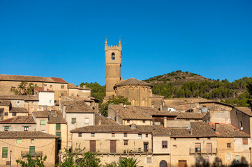 View of the 12th century church of San Martin de Tours in Uncastillo. Zaragoza, Aragon, Spain.