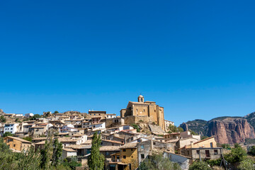 View of Murillo de Gállego and to the right Mallos de Riglos. Zaragoza, Aragon, Spain.