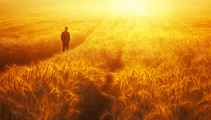 Fototapeta premium Photograph individuals standing in vast wheat fields during sunset, using the golden light and tall wheat stalks to create a warm, immersive atmosphere