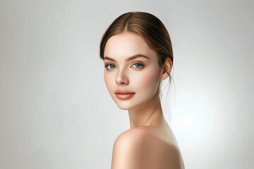 Fototapeta premium Elegant Woman Portrait in Soft Lighting studio, on white background and clean composition make this image ideal for cosmetic clinic advertising.
