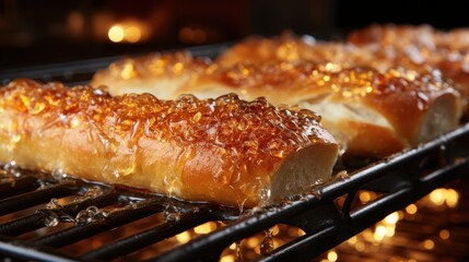 Golden Glaze Drips Down a Row of Warm Bread Rolls on a Black Metal Cooling Rack