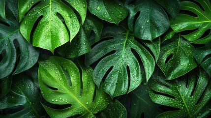 Obraz premium Lush Green Leaves with Water Droplets