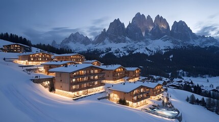 Fototapeta premium Scenic view of a snow-covered mountain lodge, decorated for the winter holidays