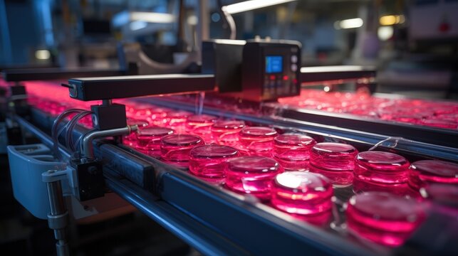 Automated Production Line with Row of Shiny Pink Objects on Conveyor Belt