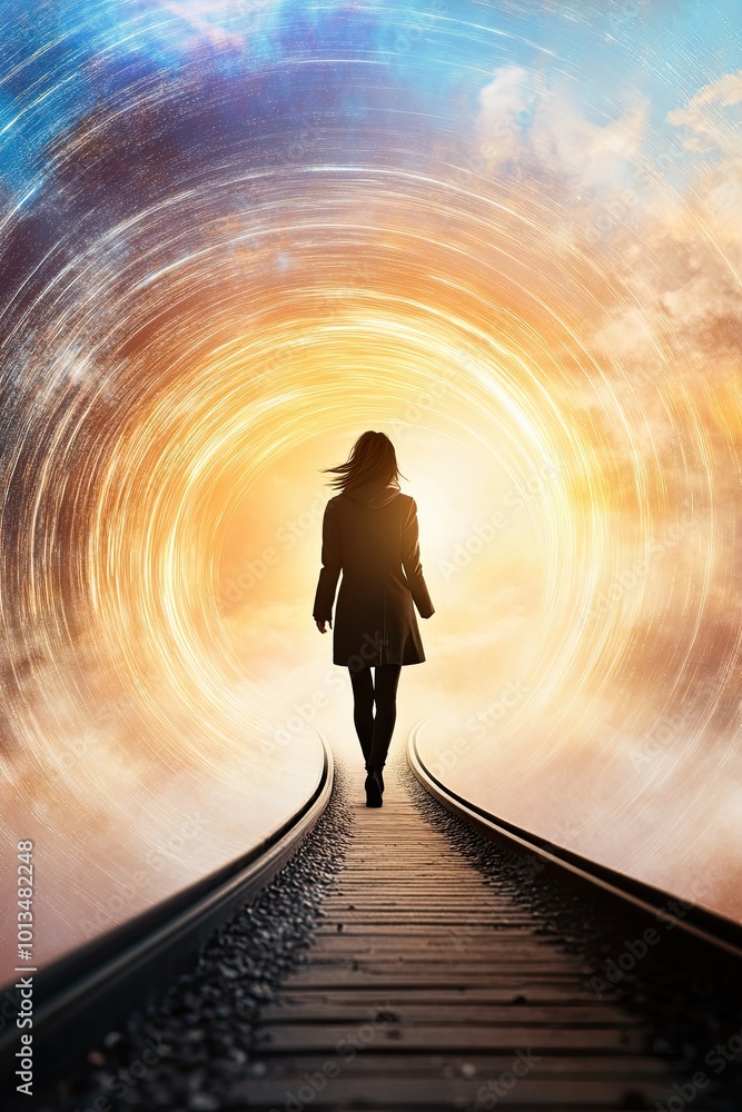 Poster a figure walks along a railway track towards a glowing time portal under a vibrant sky