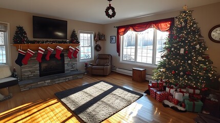 Cozy Christmas morning scene with a beautifully decorated tree, stockings, and gifts under the tree