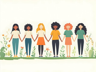 Fototapeta premium Flat Vector Illustration of Diverse Friends Holding Hands in Solidarity Symbolizing Connection and Equality for Human Rights Day