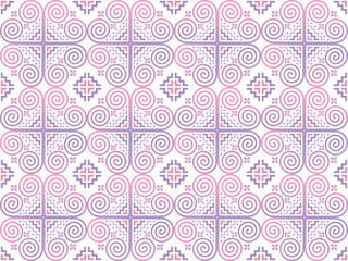 The design of the pattern imitates the ethnic embroidery of the Hmong tribe. It has a unique pattern in purple, pink, and pastel tones for use in designing clothes, blankets, wallpaper, and tiles.