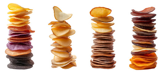 assorted potato chips stacked and spread out showing different colors and textures with isolated background
