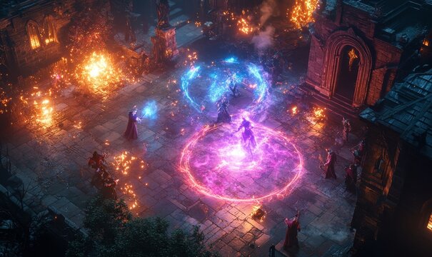 Mock-up of Fantasy RPG MOBA Video Game Gameplay with Role Playing Character Doing Magic Attacks with Lots of Explosions and Spells. Professional Computer Gaming With Friends on Online
