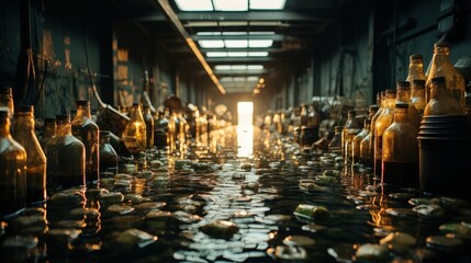 A Forgotten Industrial Corridor Bathed in Golden Light, Where Time Has Stood Still, Revealing a Path Through a Sea of Glass