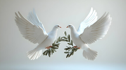Fototapeta premium 3D Icon of Two Floating Doves with Olive Branches Isolated on White Background Symbolizing Peace and Freedom for Human Rights Day