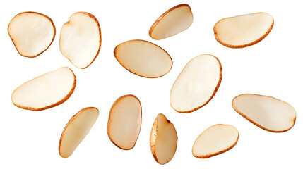 floating potato slices with varying sizes and light brown edges on an isolated background
