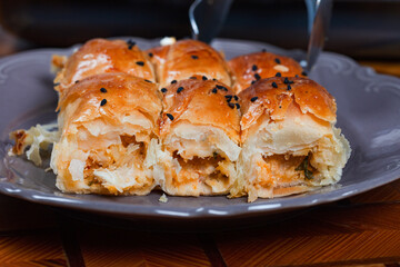 Freshly Baked Turkish Borek in Oven Tray – Flaky Pastry with Cheese Filling, Ideal for Traditional Turkish and Mediterranean Food Presentations
