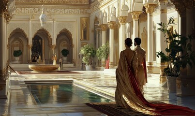Couple in ornate palace with pool.