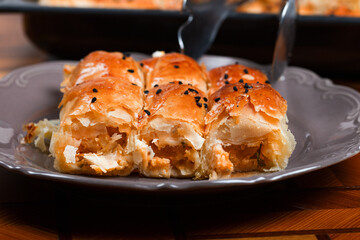 Freshly Baked Turkish Borek in Oven Tray – Flaky Pastry with Cheese Filling, Ideal for Traditional Turkish and Mediterranean Food Presentations