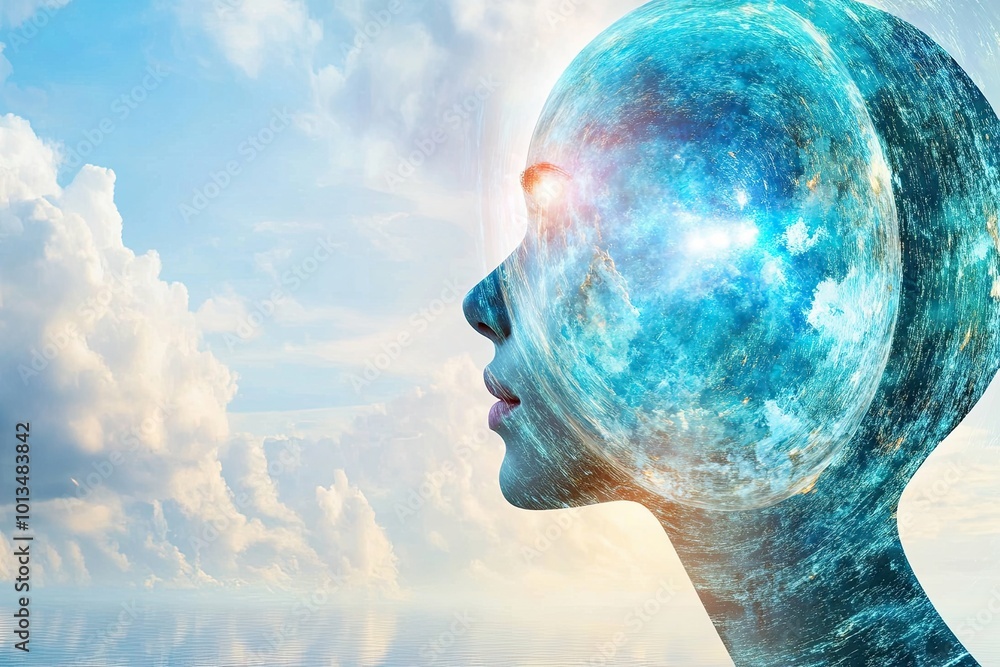 Poster exploring the intersection of wisdom and awareness in a cosmic landscape