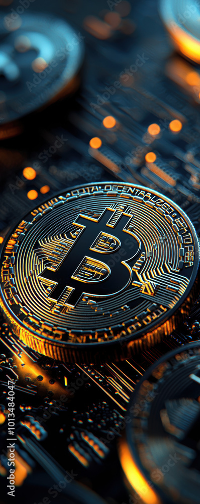 Poster close-up of bitcoin coins on a circuit board with glowing elements.