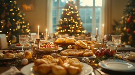 Traditional Hanukkah feast with latkes, sufganiyot, and other holiday dishes placed on a beautifully set table