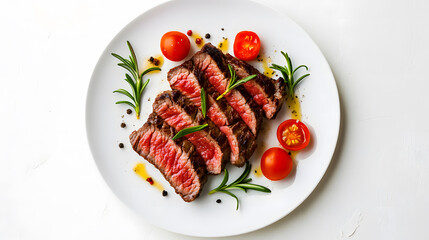 Grilled sliced Beef Steak with sauce, tomatoes, and rosemary on a white plate Isolated on a white background  design top view isolated on a white background  design