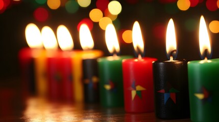 Close-up of the kinara with red, green, and black candles burning brightly, symbolizing the seven principles of Kwanzaa