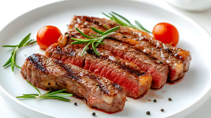 Grilled sliced Beef Steak with sauce, tomatoes, and rosemary on a white plate Isolated on a white background  design top view isolated on a white background  design