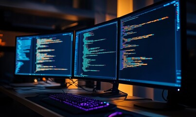 Professional IT Programer Working in Data Center on Desktop Computer with Three Displays, Doing Development of Software and Hardware. Displays Show Blockchain, Data Network Architecture
