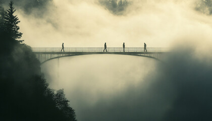 Fototapeta premium Capture people walking on a bridge partially hidden by thick fog, emphasizing their silhouettes against the hazy backdrop, creating a feeling of isolation or mystery