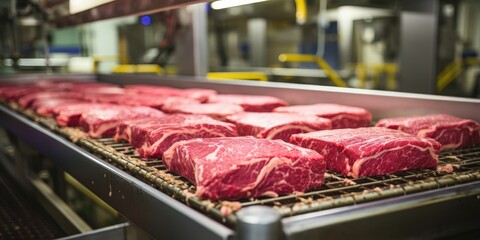 Raw Beef Steaks Conveying Along A Stainless Steel Production Line In A Meat Processing Plant
