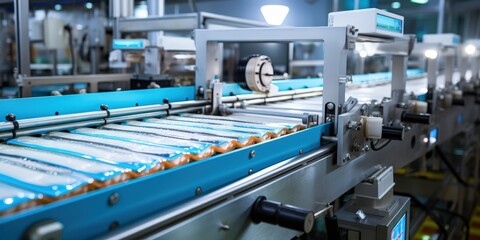 A conveyor belt carrying rows of sealed products through an automated packaging line, showcasing a glimpse into modern manufacturing processes