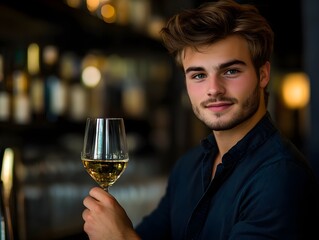 Young Man Holding Glass of White Wine in Bar Setting