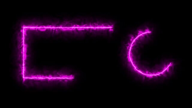 Neon glowing square an circle outline frame animation fire on background. Media, Video, performances, music videos, presentations, 3D animations.