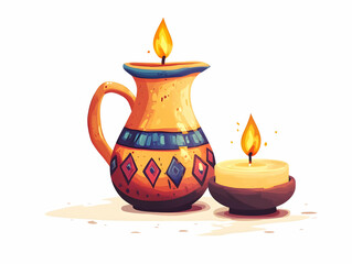 Flat Isolated Hanukkah Oil Jug and Candle Combination on White Background - Infographic Element for Hanukkah Traditions and Symbols
