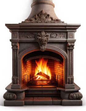 recommend clip art: Elegant fireplace with flames, decorative design, white isolated background.