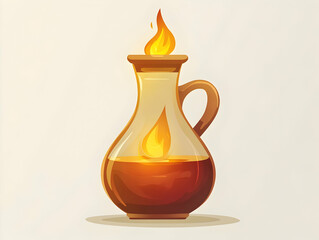 Flat Isolated Hanukkah Oil Jug with Glowing Flame on White Background - Symbol of the Miracle of Hanukkah for Educational Infographics and Religious Content