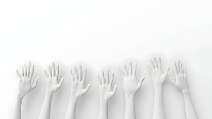 Obraz premium 3D Raised Hands on Plain White Background for Human Rights Day Concept - Unity & Activism with Ample Copy Space for Messages