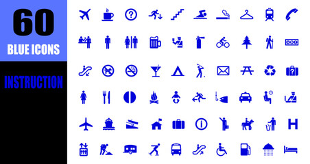Way finding instruction blue icon set. simple sign.