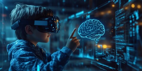 Boy in vr glasses, finger touching digital AI brain hologram hud, Generative AI